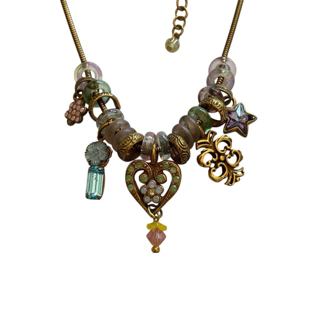 Kirks Folly Glass Bead Crystal Heart Star Dangle Gold Tone Retired Necklace 16”